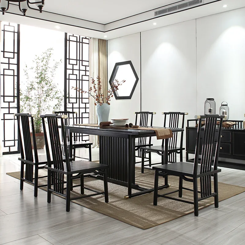 The product can be customized.New Chinese rectangular solid wood dining table and chairs combination light luxury one table 6 ch