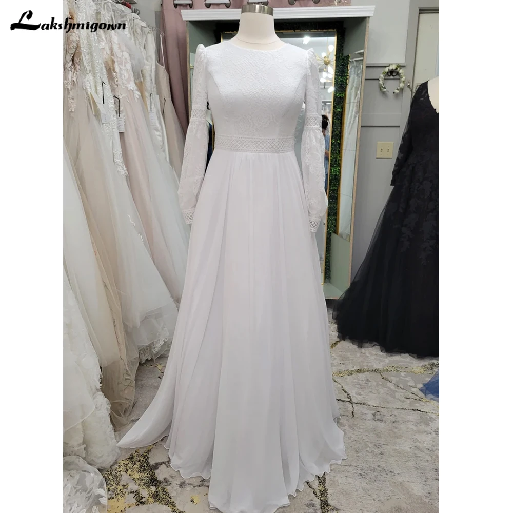 Bohemian Brautkleid maßge schneiderte Brautkleid lange Ärmel Chiffon eine Linie Spitze Mieder O-Ausschnitt Schnürung zurück Vestido Novia