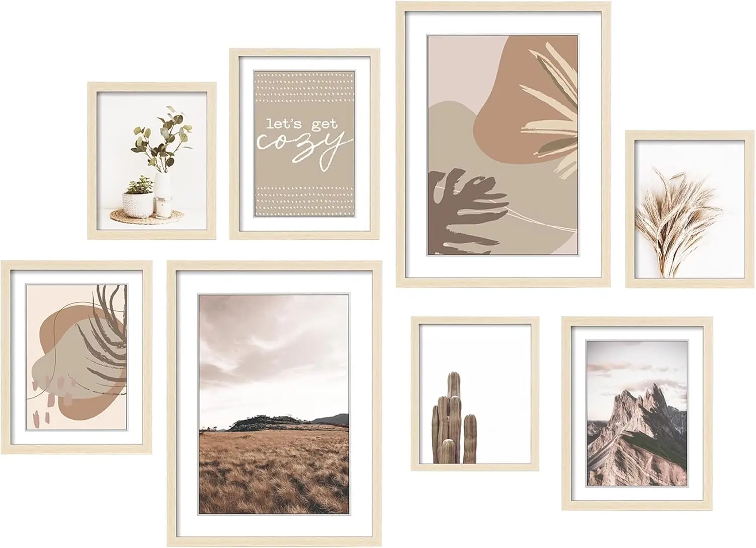 

Neutral Wood Gallery Wall Frame Set for Stairway, Living Room Decor, 8 Pack Assorted Sizes with Giclee Prints
