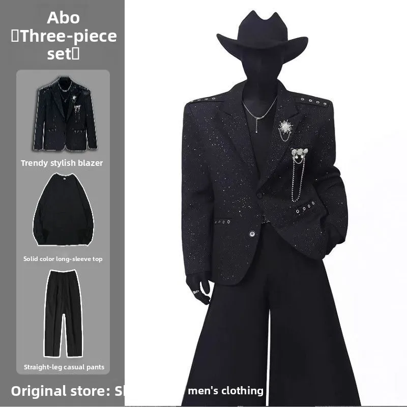 

Elegant Black Suit Jacket Pin Set Men's Fashion Trendy Style Double Breasted Polyester Fiber Standard Fit Autumn Collection