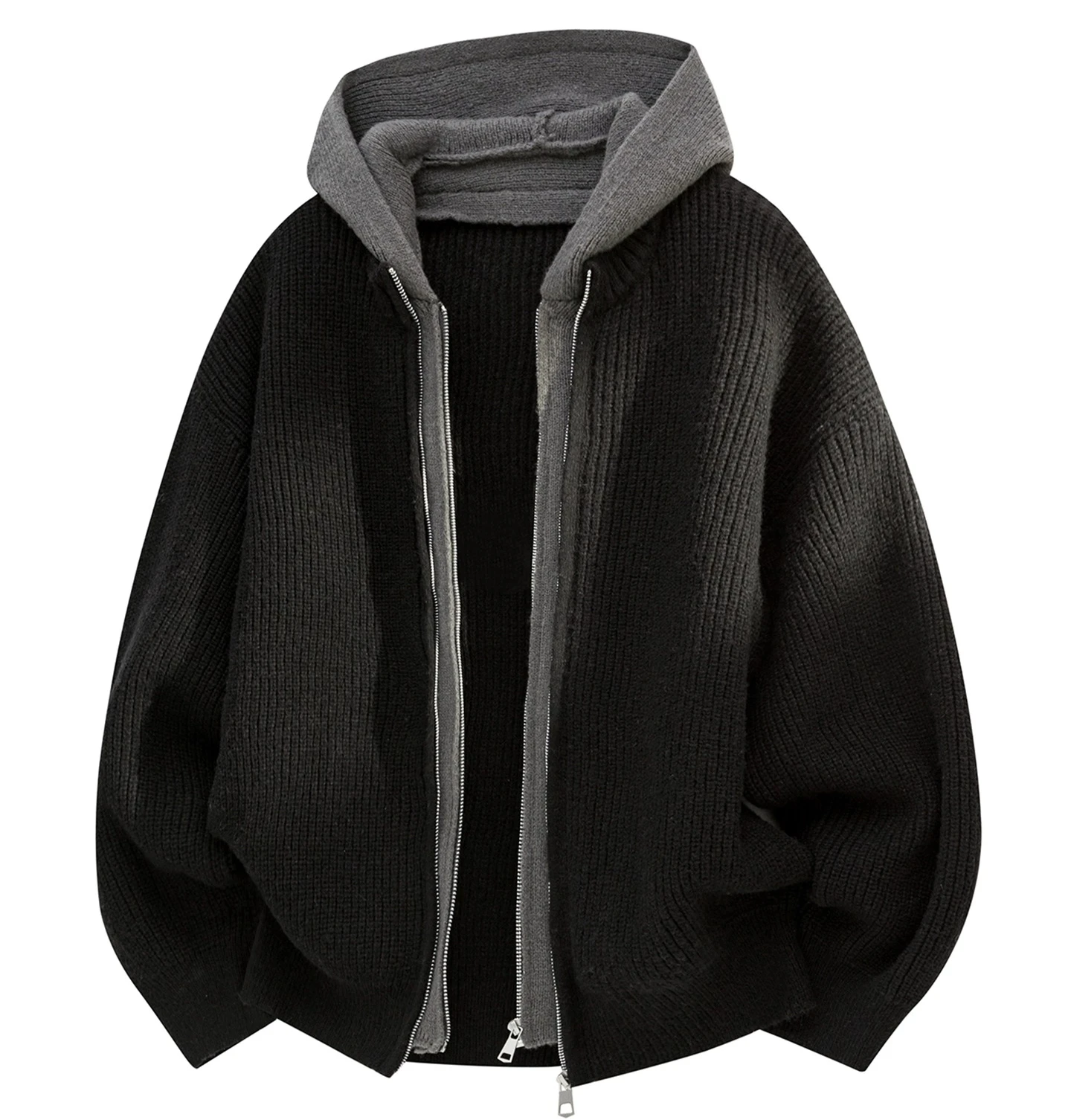 2025 Autumn Winter Japanese Retro Gray Color Block Hooded Sweater Men's Casual Fake Two-Piece Black Cardigan Knitwear