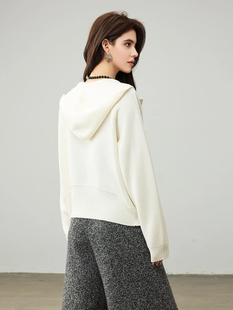 SuyaDream, Hooded Cardigans For Woman, 100%Merino Wool, Cozy Sweaters, 2025 Fall Winter Jackets, White, Grey