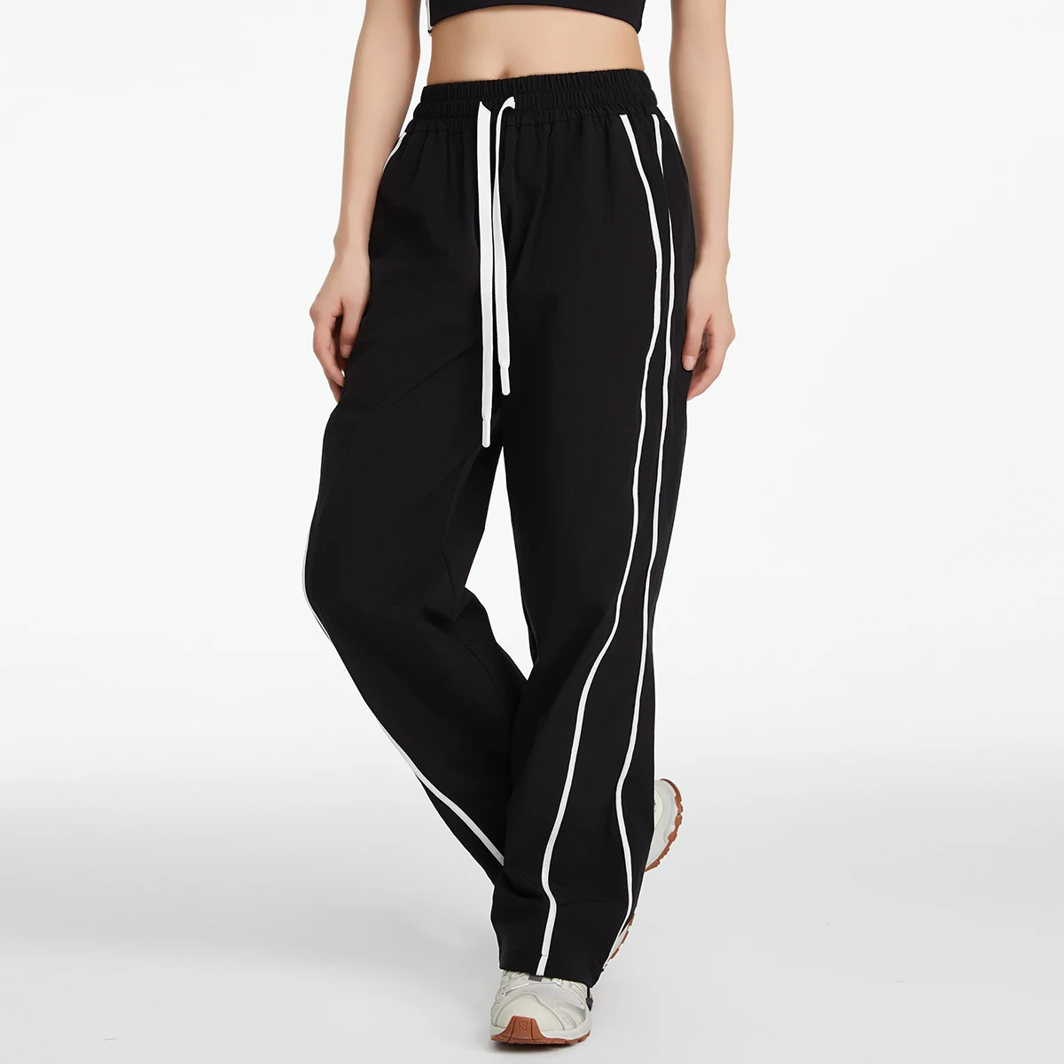 Unisex Quick Dry Straight‑Leg Pants Side White Stripe Design Drawstring Loose Casual Sports Trousers Y2K Streetwear Bottoms