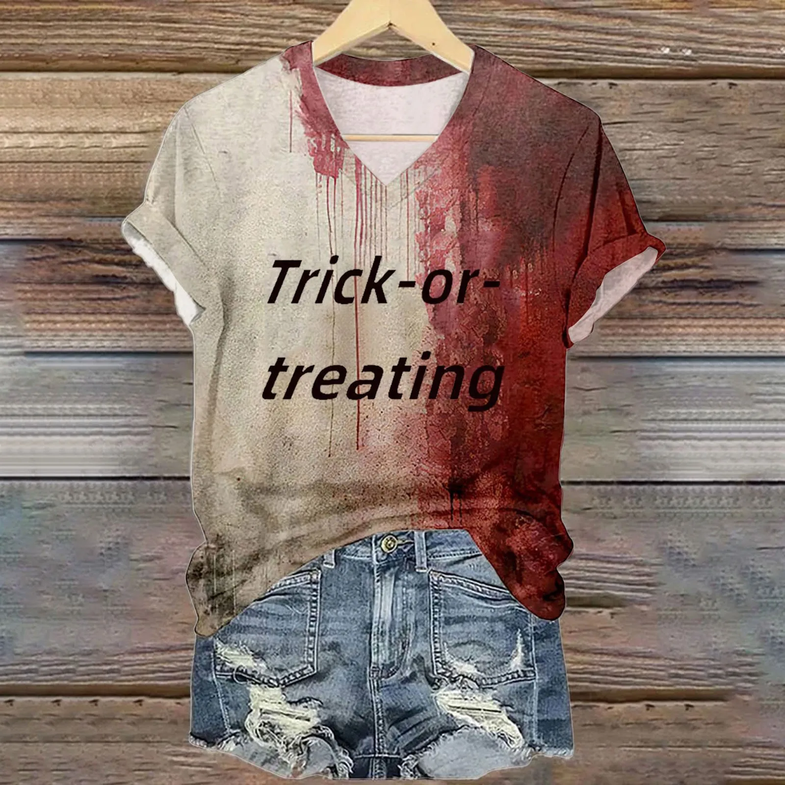 قميص الهالوين الدموي للنساء مضحك بياقة على شكل V وأكمام قصيرة ملابس دم الهالوين هدية رياضية بأكمام قصيرة للنساء #3