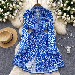 Autumn Runway Flower Print Mini Dress Women's V-Neck Long Sleeve Single Breasted High Waist Vintage Holiday Robe Party Vestido