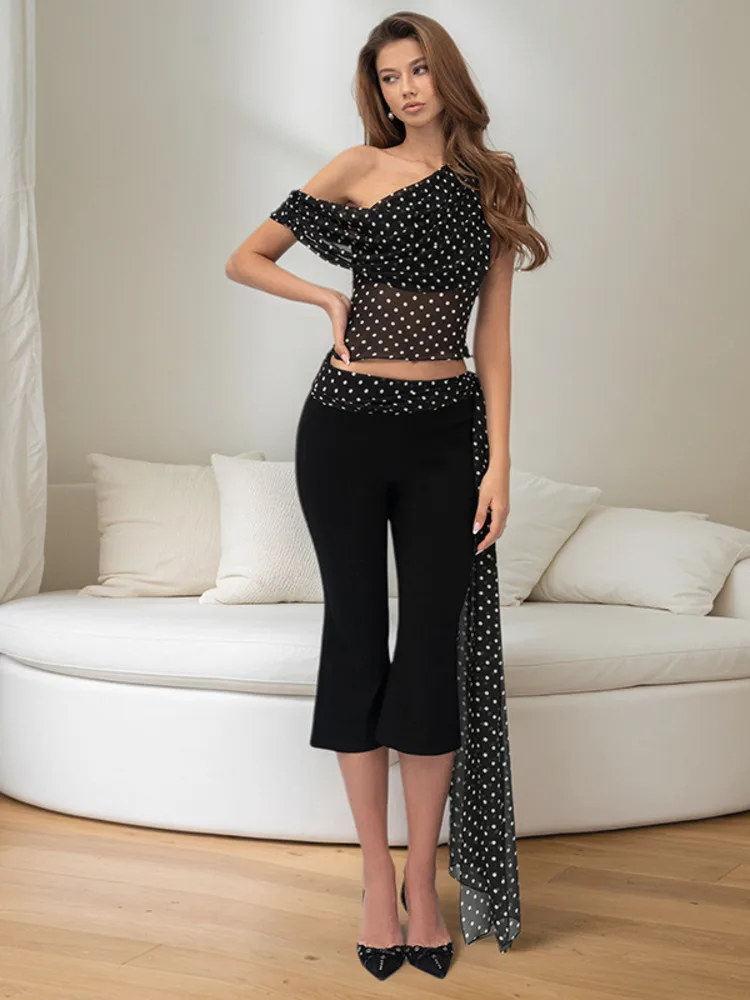 Blifanbo Set di pantaloni lunghi con spalla obliqua sexy per le donne Top corto senza maniche a pois estivi e pantaloni lunghi Set di due pezzi