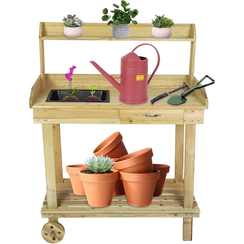 Potted Plant Workbench and Table, Wooden Horticultural Plant Workstation, Potted Plant Workbench with Sink