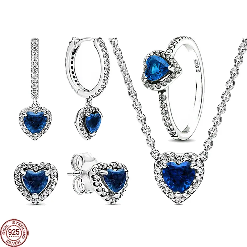 Bestselling Deep Blue Heart Series Jewelry Set 925 Sterling Silver Exquisite Heart Ring Necklace Earrings Charming Jewelry Gifts