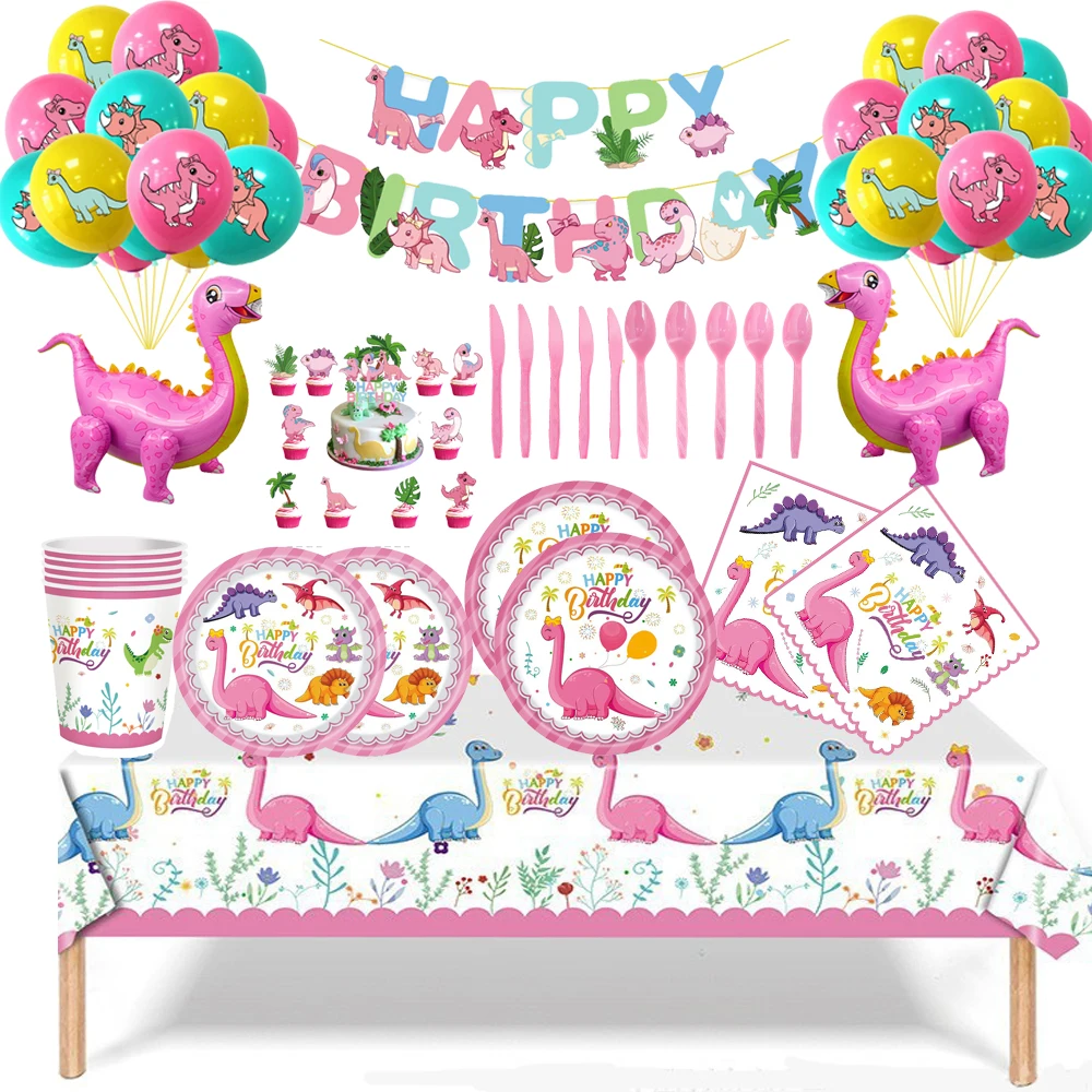 Pink Dinosaur Girls Birthday Party Decorations Paper Plate Cup Plate Caketopper Balloon Toys For Kids Baby Shower Decor Supplies