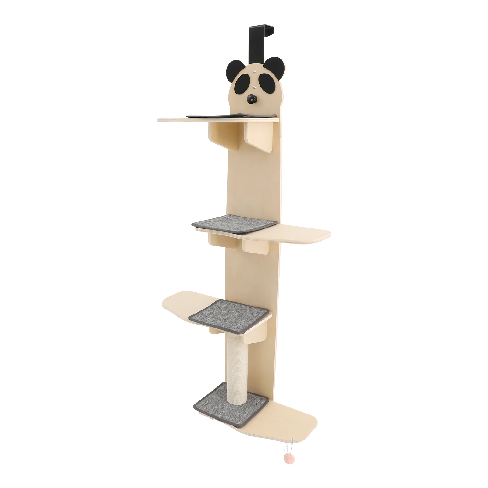 Cat Tree Tower Door Hanger, 4-Tier Hanging Cat Climber with Tease Ball, No-Drill Install Solid Wood Sturdy for Indoor Cats Climbing Play