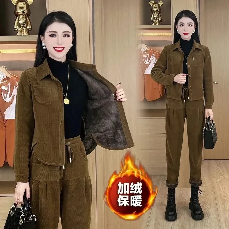 Autumn Winter Women's Corduroy Casual Suit Fashion Add Velvet Short Coat Jacket + Elastic Waist Pants 2 Piece Sets Female Outfit