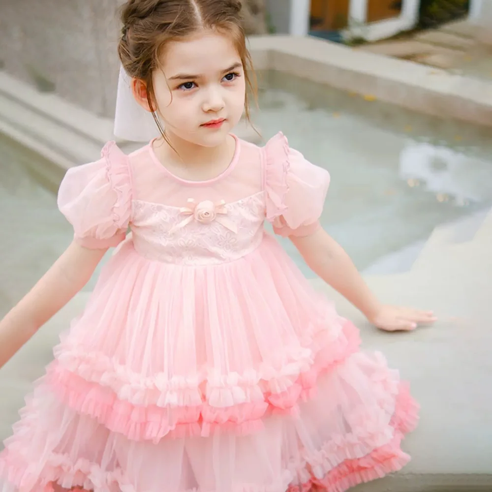 Girls Princess Dress Summer Cake Dress Sweet Puff Dress Kids Birthday Party Beautiful Mesh Gown Trend Casual Clothes 2-8 Years