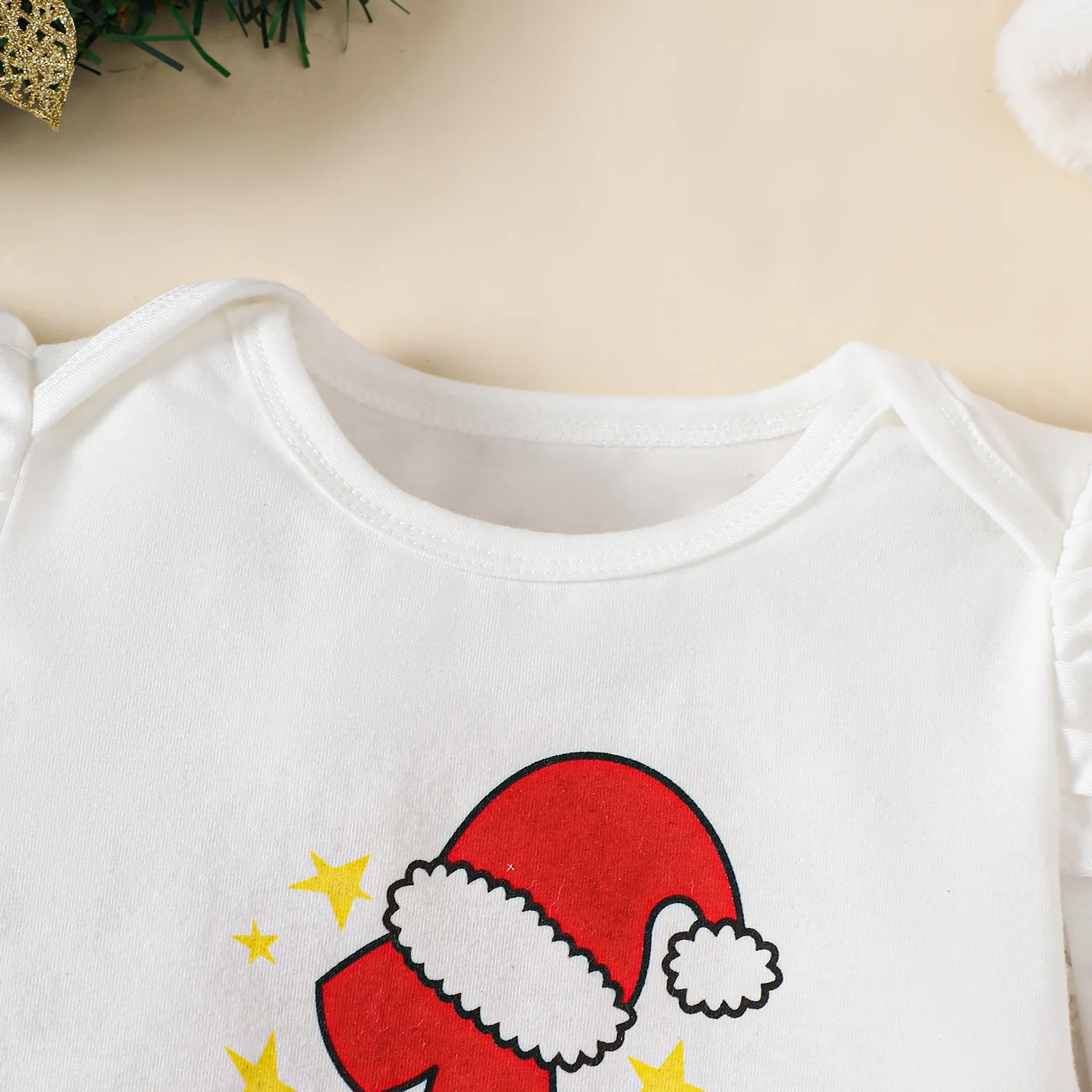 Christmas Infant Patchwork Kids Baby Girl’s Solid Bodysuit Suits Baby's 1st Christmas Jumpsuit and Mini Skirt Set with Santa Cap