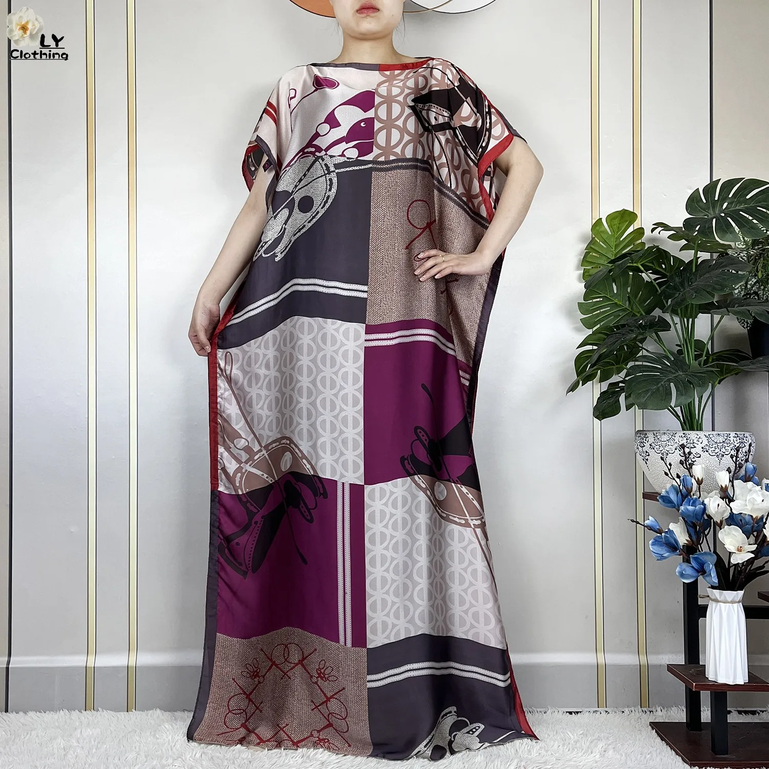 2024 New Dubai Summer Fashion For Women Printed Silk Soft Loose Femme Robe African Islam Maxi Woman Casual Dresses With Turban