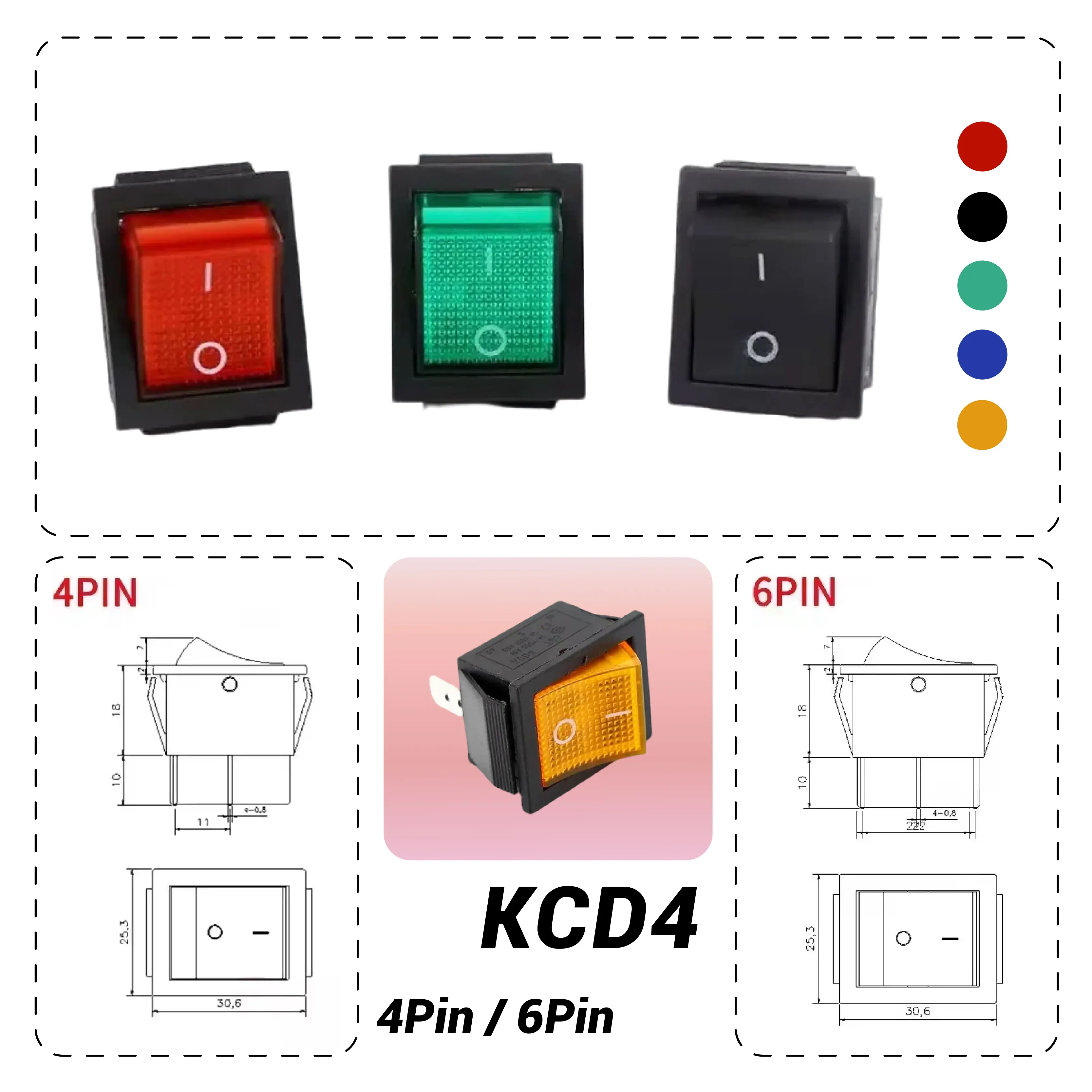 4/6 Pin16A 250V KCD4 DPST ON-OFF Rocker Switch 25x31mm Snap-in Marine automotivo