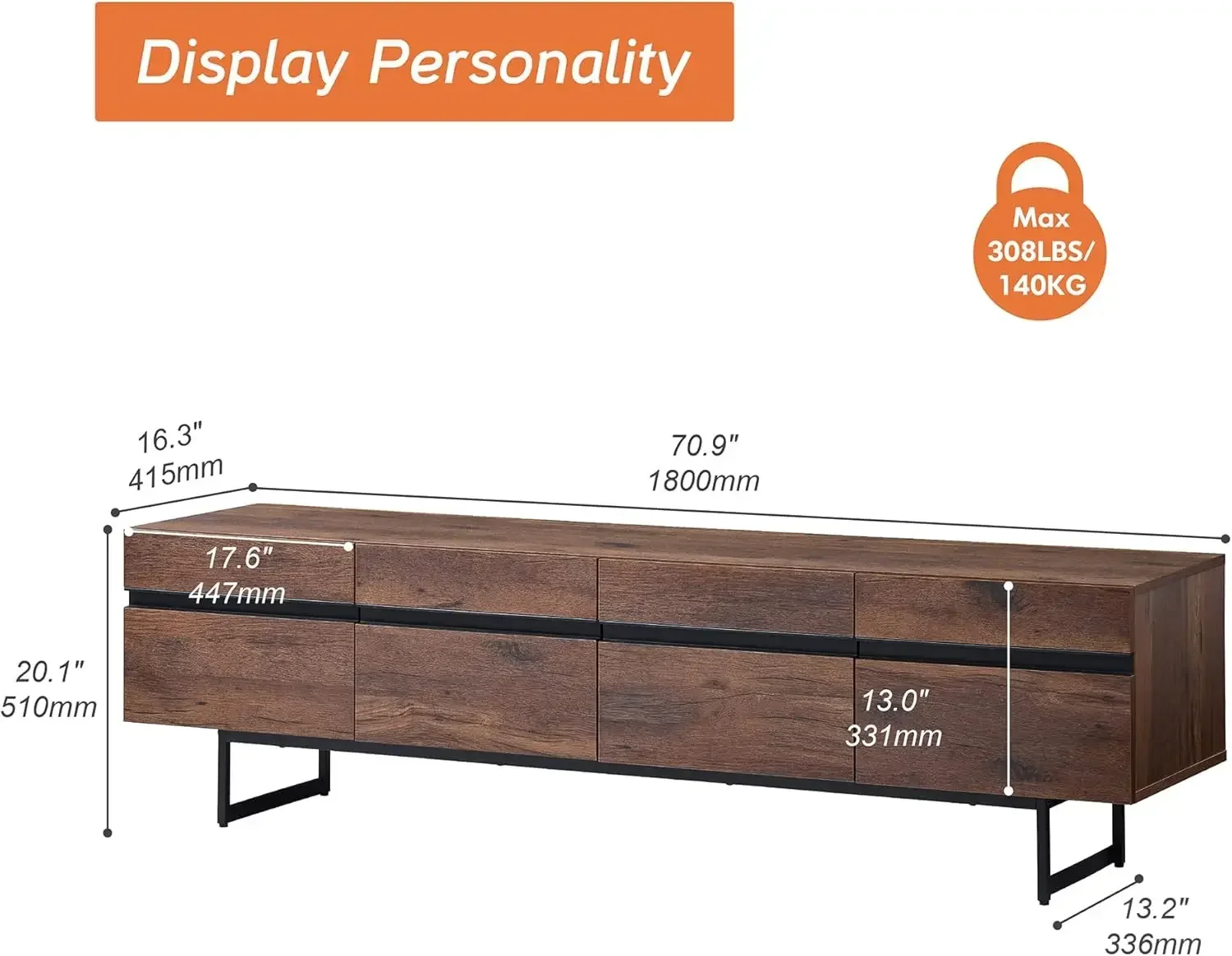 Suporte de TV moderno para TV de até 75 polegadas, mesa de console de TV para centro de entretenimento de madeira com armários de armazenamento, console de mídia, marrom