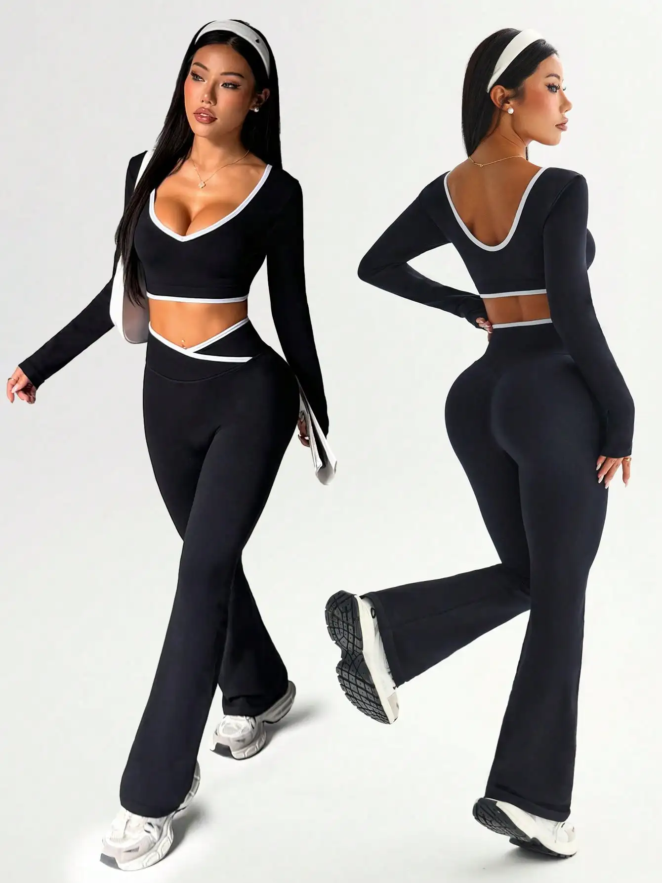 

Женский черный бесшовный комплект для тренировок из двух предметов: расклешенные леггинсы и укороченный топ с V-образным вырезом