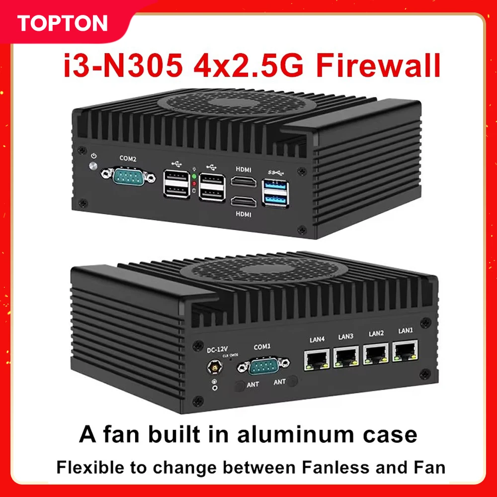 Firewall Appliance Mini PC 12th Gen Intel i3 N305 N100 2.5G Soft Router 4x i226-V LAN DDR5 2*COM Longer Fins Efficient cooling