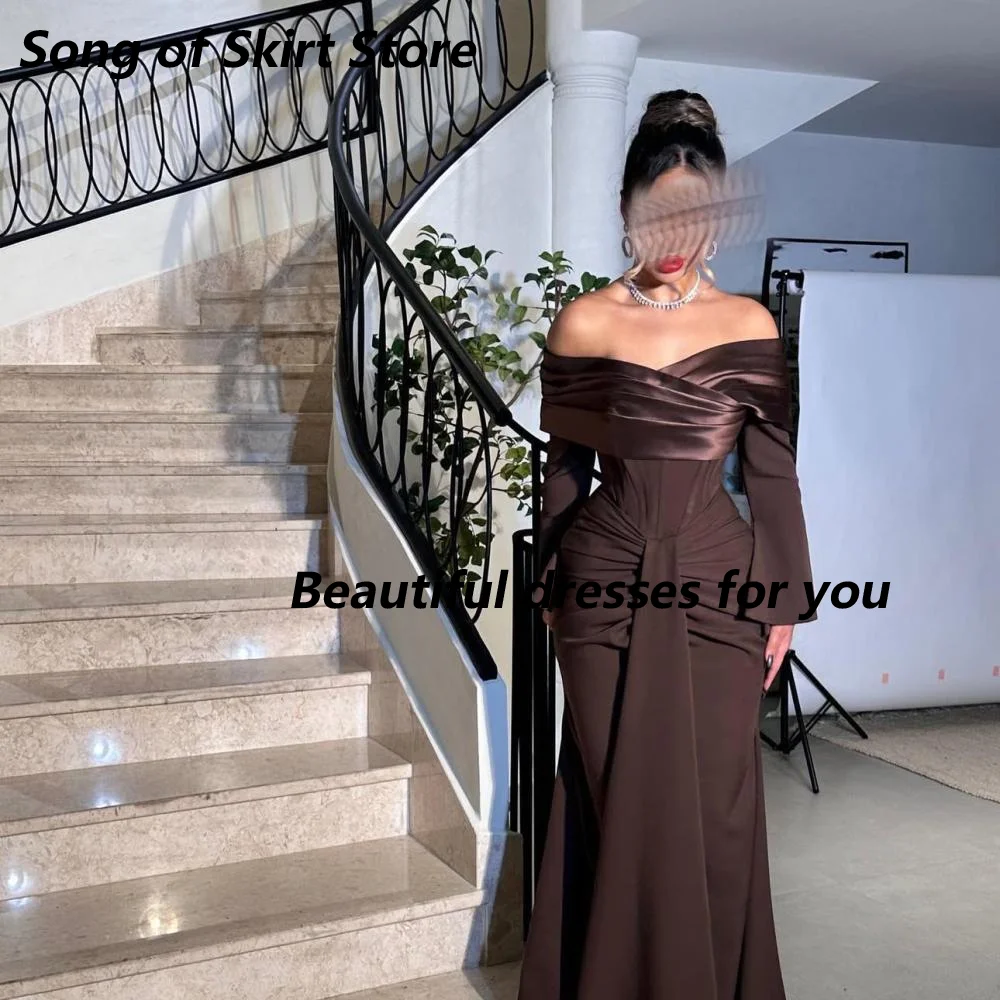 Customized Elegant Mermaid Evening Dress Brown Off The Shoulder Long Sleeves Evening Gowns for Women Saudi Formal Dresses 2025