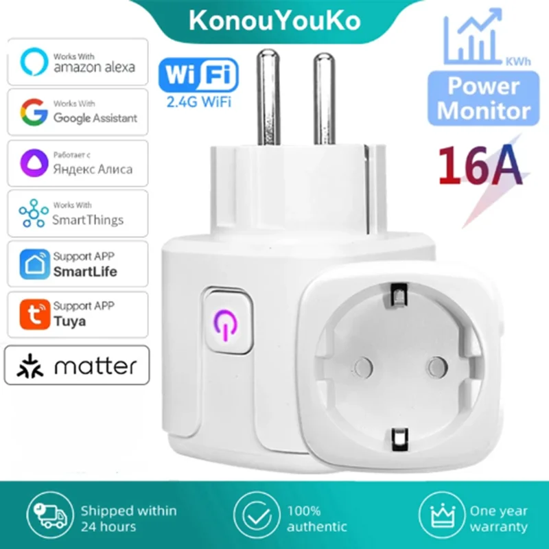 Tuya Smart Life Matter WiFi Smart Plug EU 16A Home Appliance Outlet Power Monitoring Socket Voice Control for Alice Alexa Google