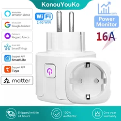 Tuya Smart Life Matter WiFi Smart Plug EU 16A Home Appliance Outlet Power Monitoring Socket Voice Control for Alice Alexa Google