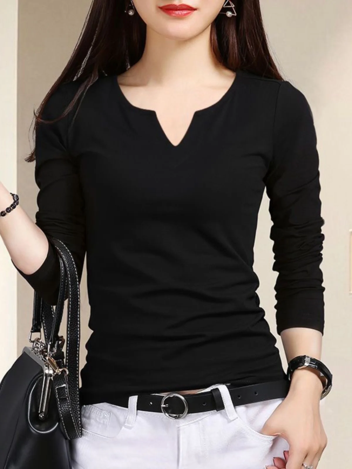 Feminino V-Ne Long Sve Base irt Modal Elástico Slim Fit Design Faionable Top Outono Inverno Novo Sle Commute Sle Pur...