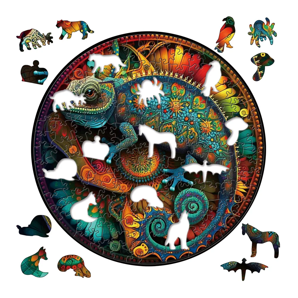 3D Wooden Jigsaw Puzzle Chameleon Animal Shaped Wooden Puzzles For Adults Kids Educational Toys Games Wood DIY Puzzle Crafts Gif