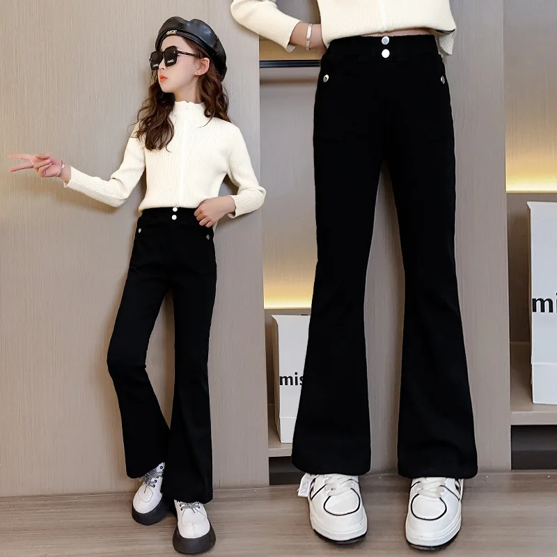 Girls' Shaping Denim Flare Pants in Black with Elasticity - 2 Options for Fall/Winter. Best-selling Big Kids Pants for Girls.