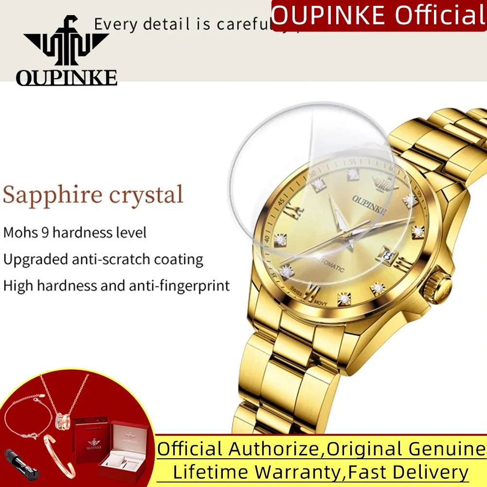 OUPINKE 3199 Real Diamond Swiss Movement Automatic Mechanical Watch for Women Auto Date Hand Clock Elegant Luxury Ladies Watches