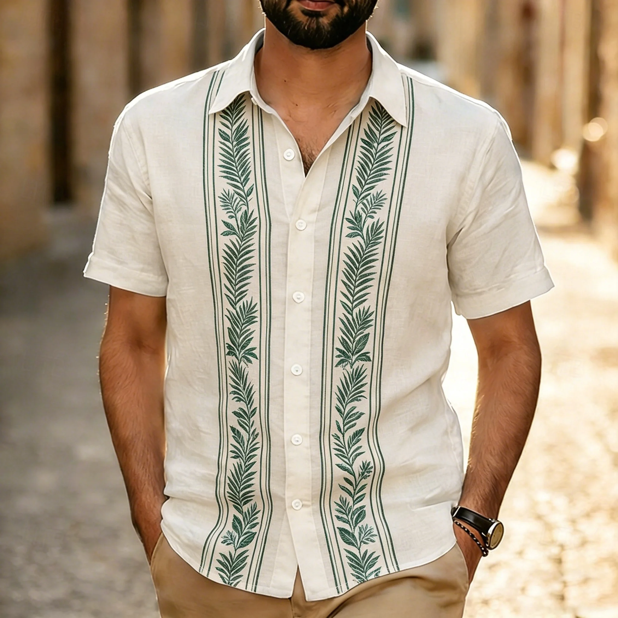 

Men's Green Leaf Striped Print Short Sleeve Shirt Tropical Botanical Pattern Casual Button Down Top for Spring & Summer