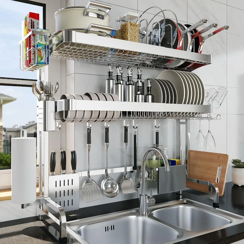 Dish drain rack above sink, three-layer drying drain rack above sink, stainless steel adjustable, with pot and pan rack