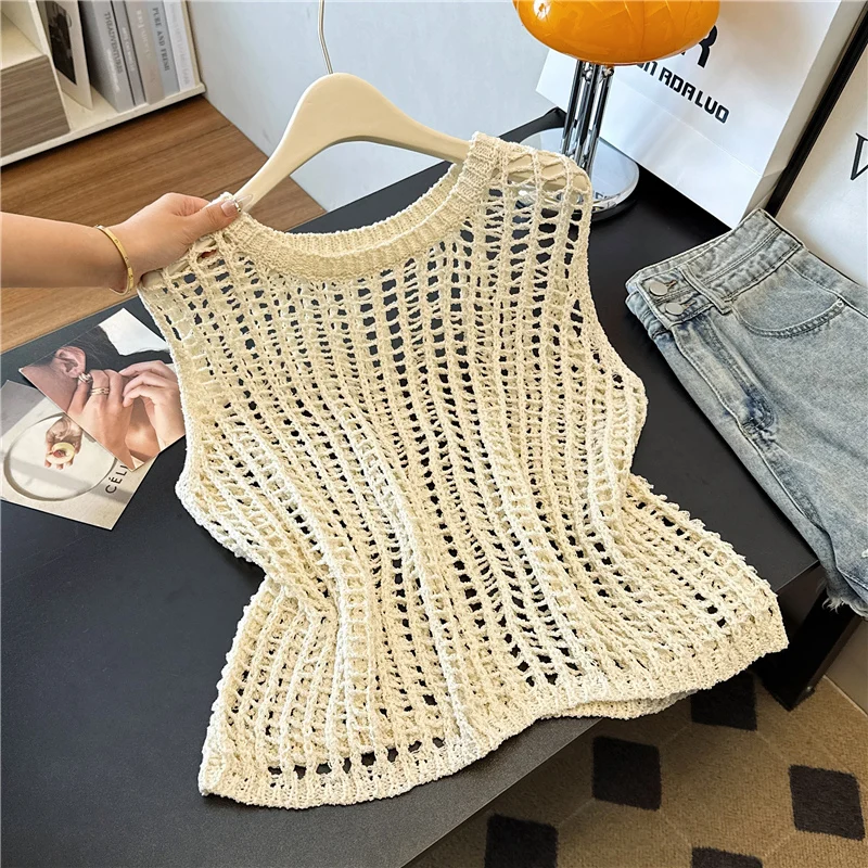 

Korean Version Women Sleeveless Hollow Out Short Vest Tops Summer Round Neck Versatile Crochet Knitted Tank Clothing Simplicity