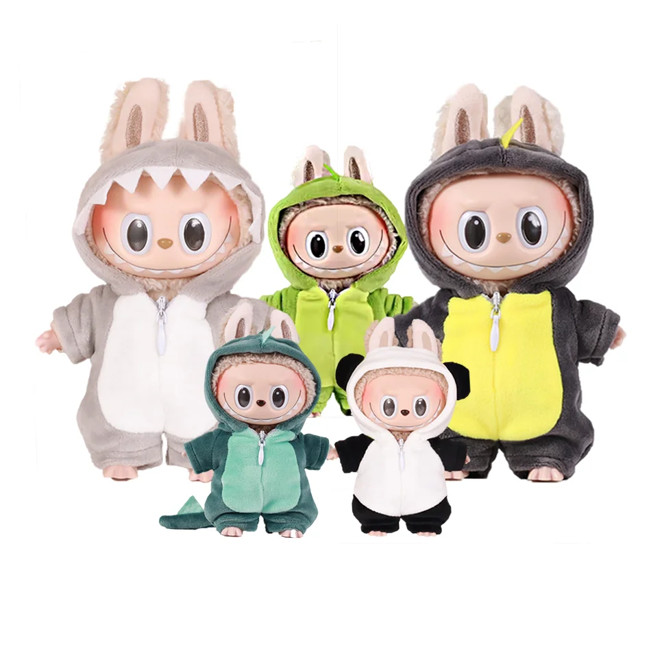 

Новинка 2023 года, костюм куклы Labubu 15 см, костюм куклы для сидения, милый панда, акула, динозавр, плюшевый комбинезон, комплект костюмов куклы