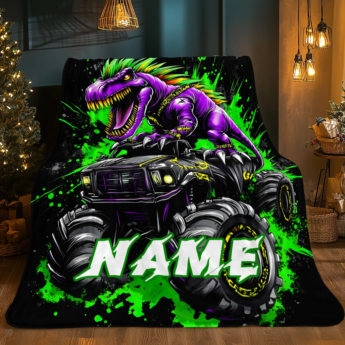Personalized Dinosaur Blanket Name Purple T Rex Monster Truck Art Soft Fleece Throw Kids Gift Home Decor Fantasy Theme