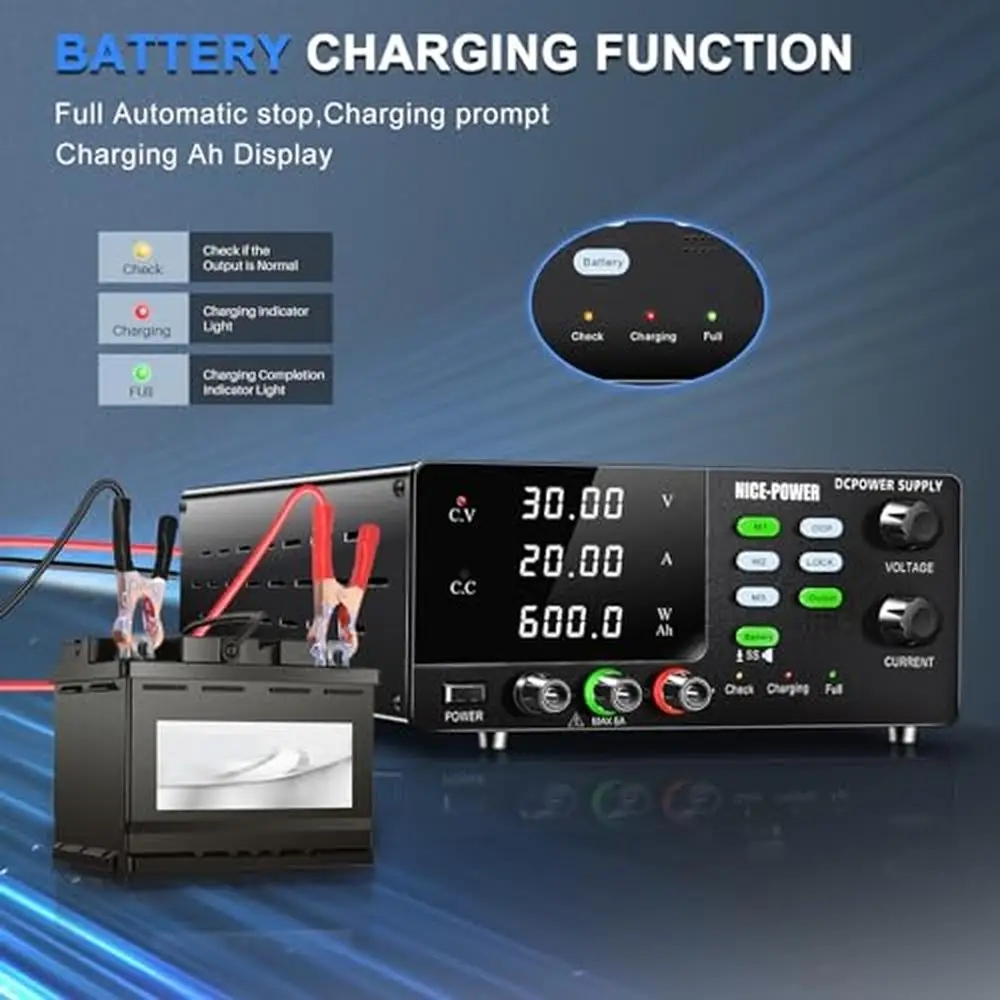 Fonte de alimentação CC ajustável, Carregador de bateria de bancada, Indicadores de carregamento, 30V, 20A, 600W