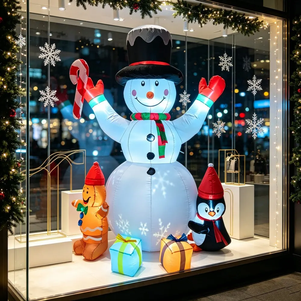 6FT Christmas Inflatable Snowman Gingerbread Penguin Gift Box Built-in LED Color Projection Suitable For Garden Lawn Decoration view 4