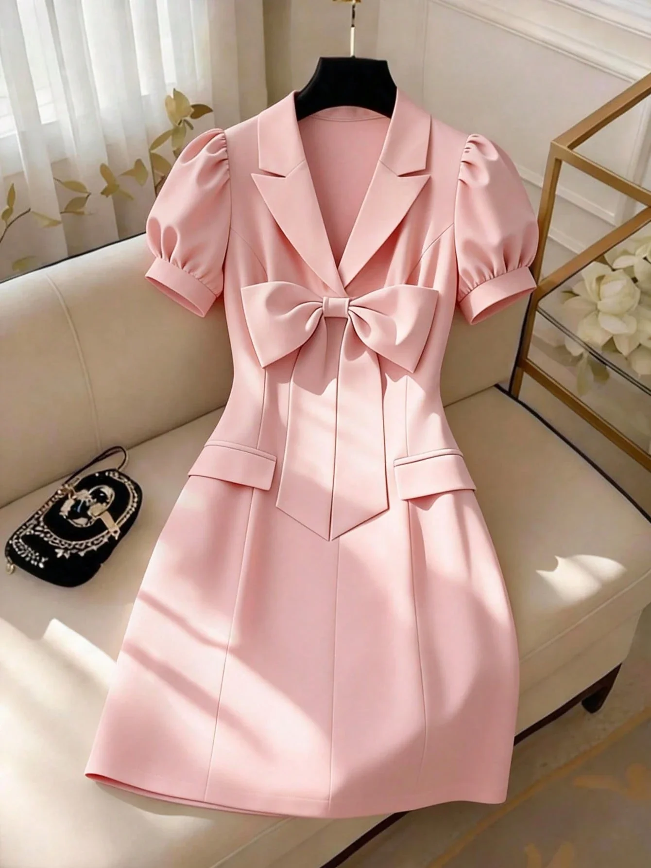 

Однотонное короткое платье с воротником-блейзером, бантом и пышными рукавами, с завышенной талией, для женщин