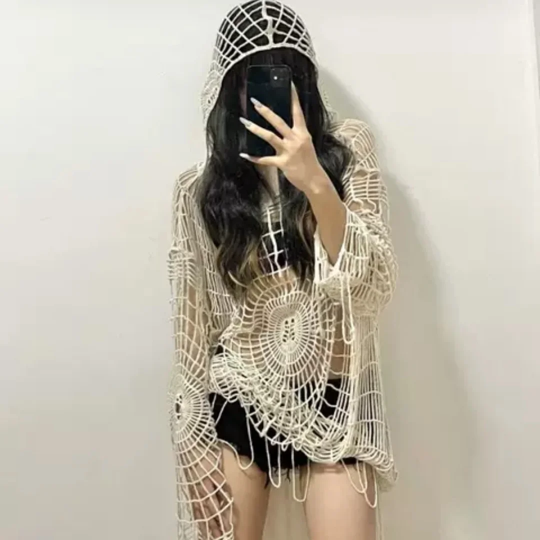 Y2Kパンクスパイダーウェブダメージニットパーカー レディース INSスタイル ルーズ シースルー ニットウェア ユニーク グランジ エステティック カーディガン トップス