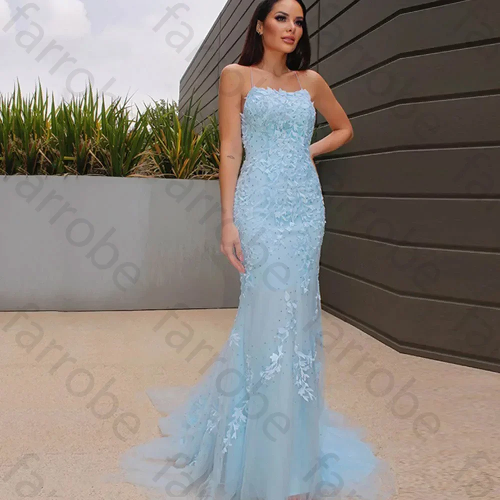 

Customized Blue Long Evening Dresses Lace With Diamond Spaghetti Straps Mermaid Backless Formal Party Prom Gown Robes De Soirée