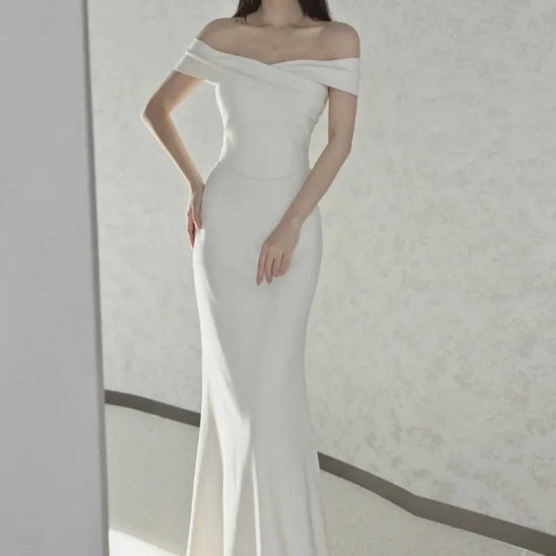 

New Satin White Off-Shoulder Evening Dress Engagement Toast Dress Banquet Annual Meeting Mermaid Light Wedding Dress Party Dress