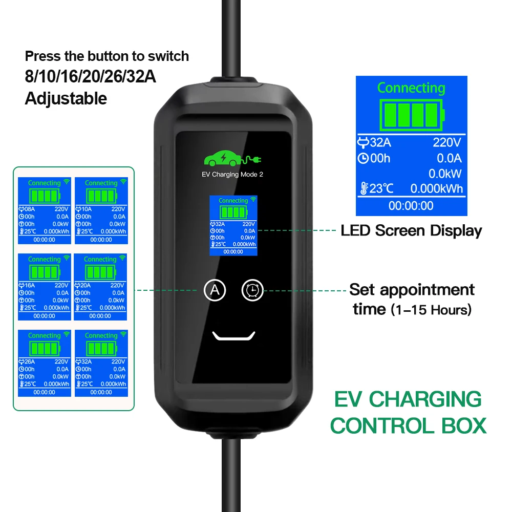 Chiefleed Type2 APP EV Charger 32A Single Phase 7.2kw 3/4G WIFI 200V~250V EU Plug Home Charge Delay IP66 16/26/32A Adjustable