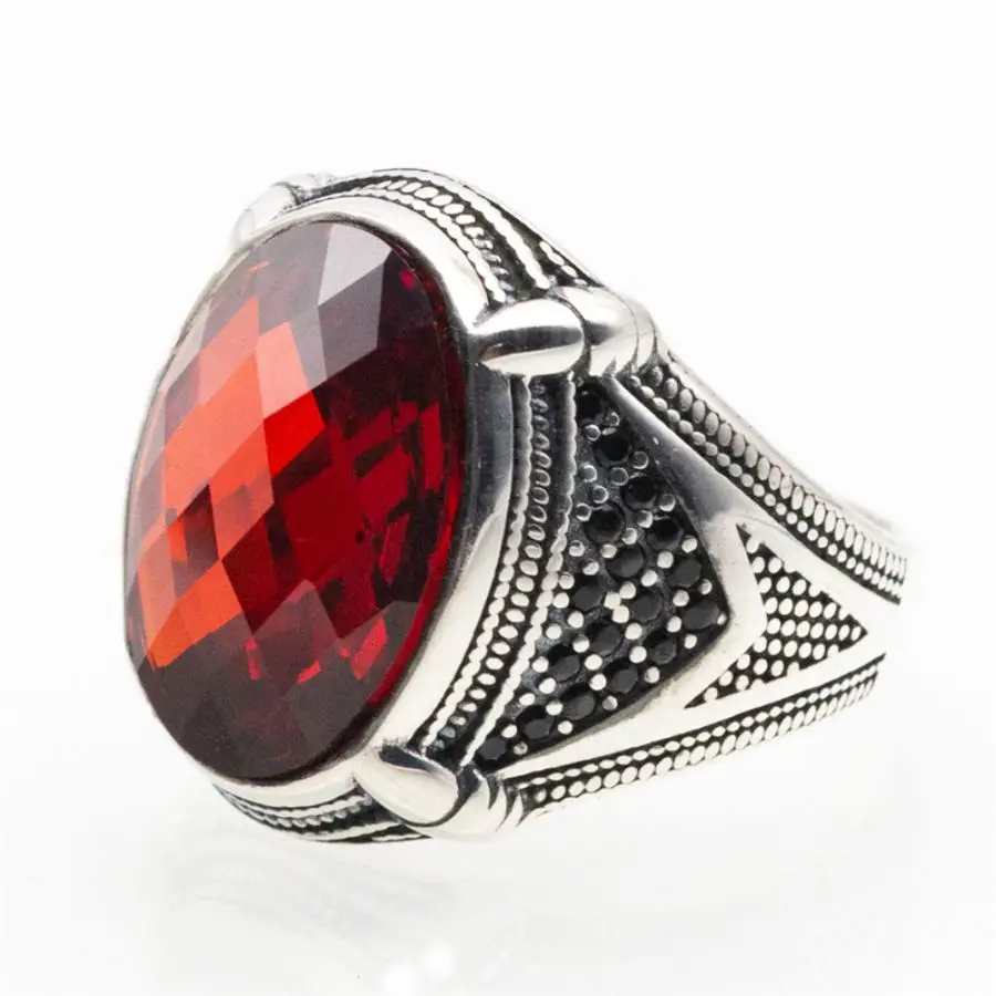 Wholesale Pure 925 Sterling Silver Ring Vintage Turkish Finger Red cz Stone Silver Jewelry Men Ring