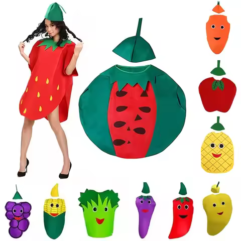 Funny Fruit Costumes Vegetable Outfits for Kids Adult Strawberry Grape Banana Watermelon Tomato Jumpsuits for Stage Performances