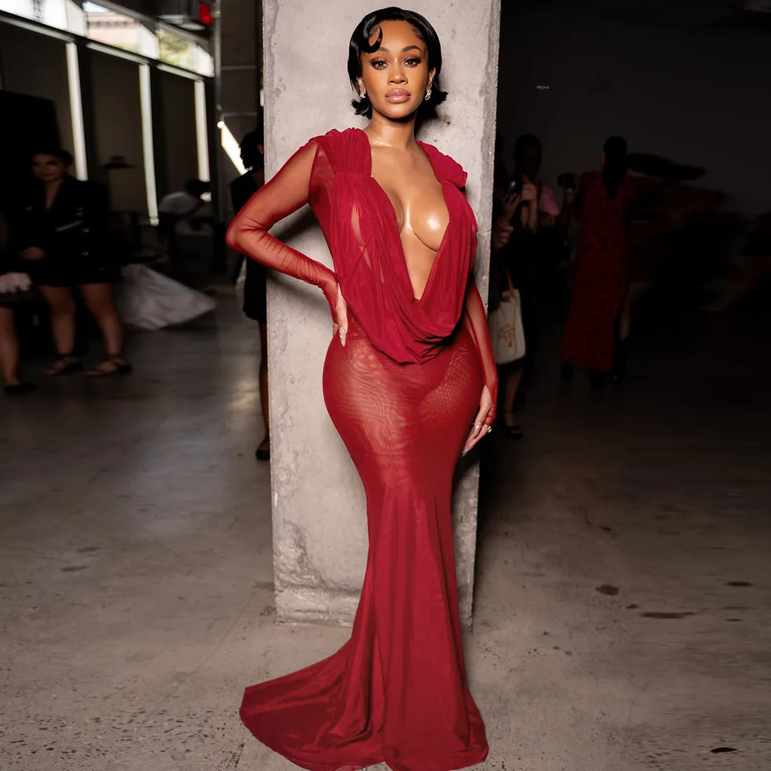 فستان نسائي أنيق مثير شفاف من خلال شبكة Bodycon فستان ماكسي للحفلات مكشكش وياقة متأرجحة وأكمام طويلة نحيفة لأعياد الميلاد رداء طويل للنوادي #1