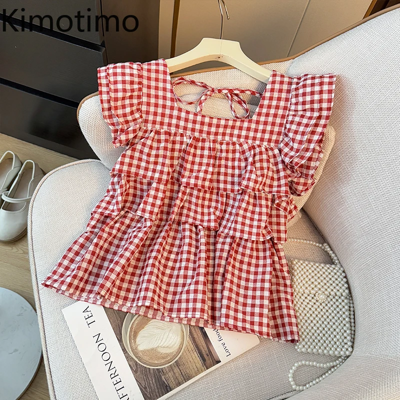 

Kimotimo Summer Sweet Square Collar Plaid Shirt Women Japanese Casual Flying Sleeve Tierred Ruffle Folds Crop Top Slim Blouse