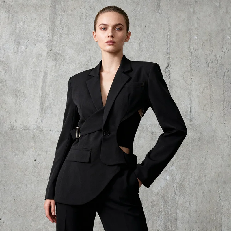 Irregular blazer 2025 new style long sleeved hollow out high-end feeling waist pinching suit jacket for women