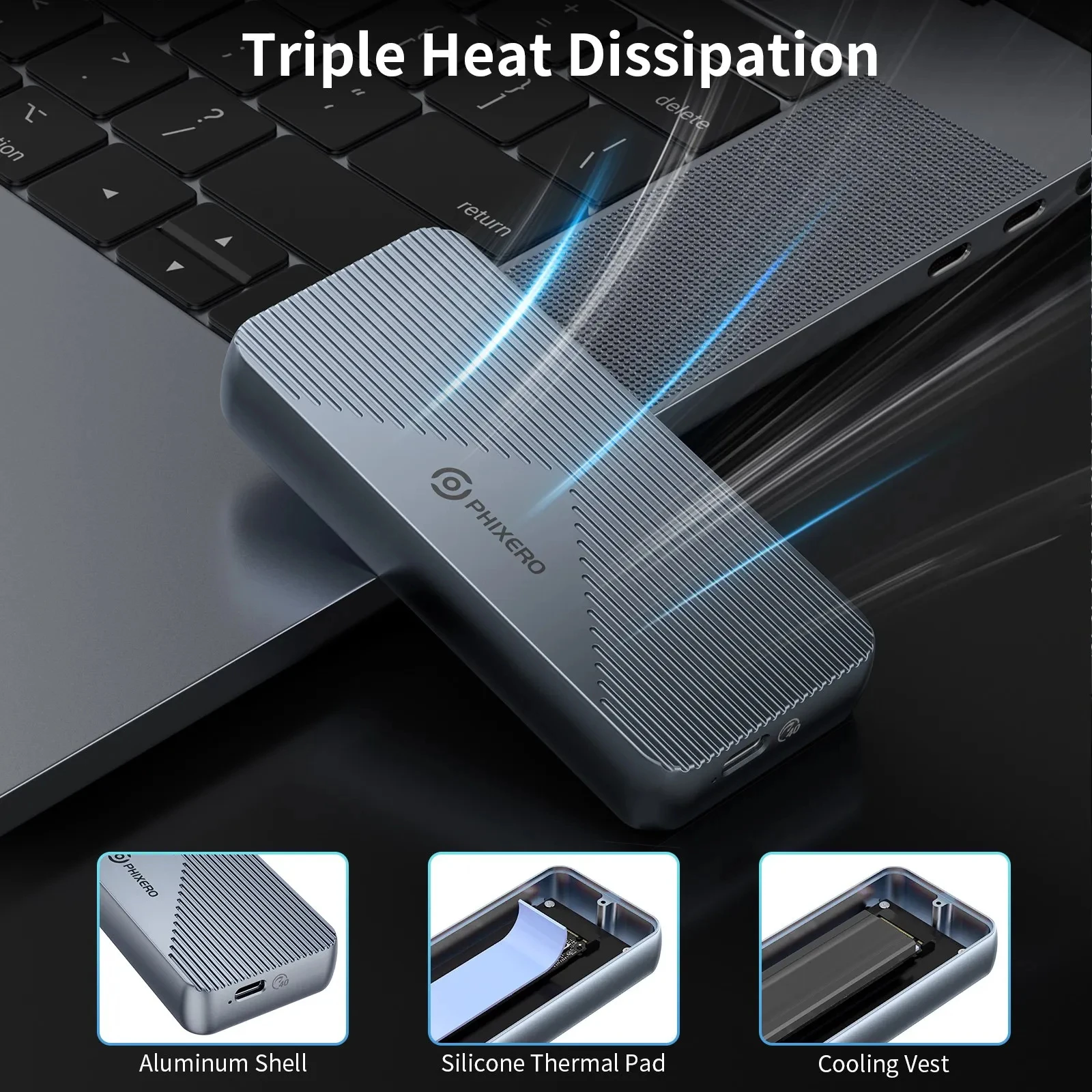 PHIXERO M.2 NVMe SSD Enclosure Thunderbolt 3/4 USB4 40Gbps Aluminum PCIe 3.0 SSD Case Type-C Adapter Compatible
