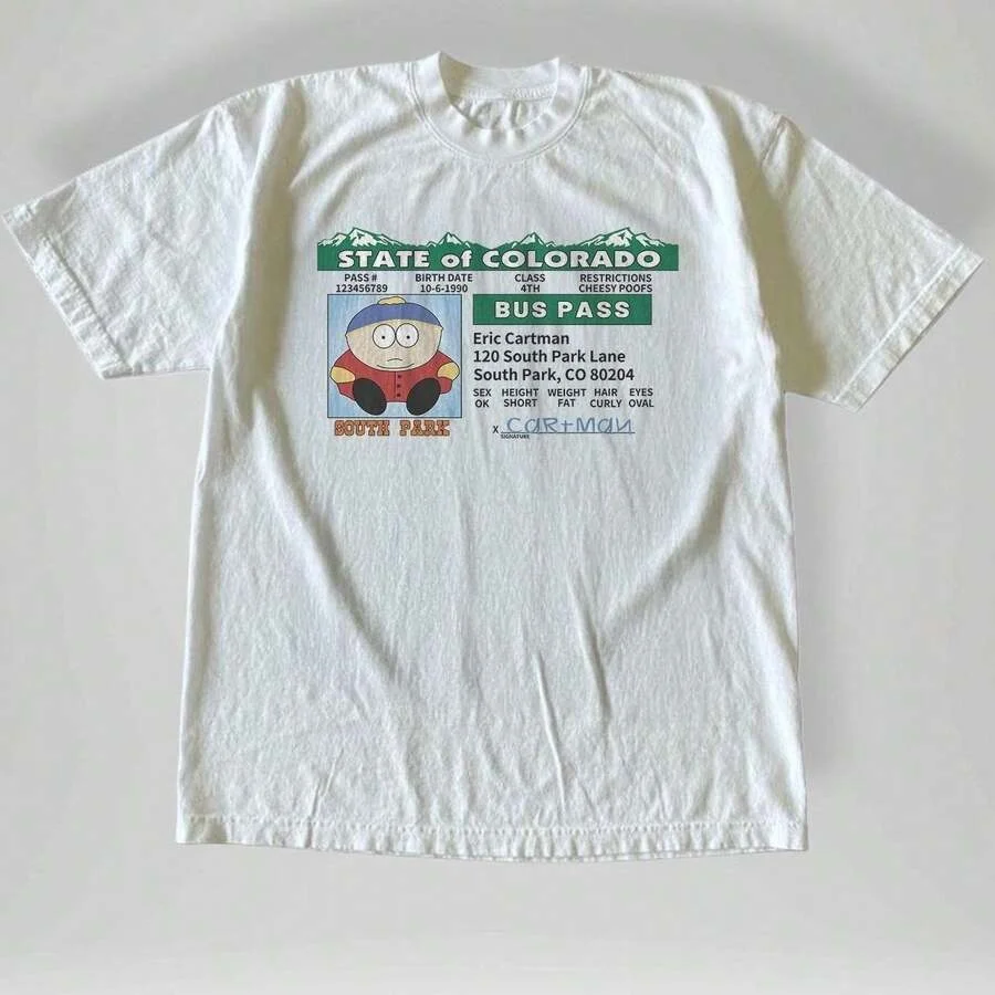 Retro South Park Pass Pattern T-shirt with Cartoon Print for Men and Women, Round Neck Short Sleeved Loose Casual Streetwear Top