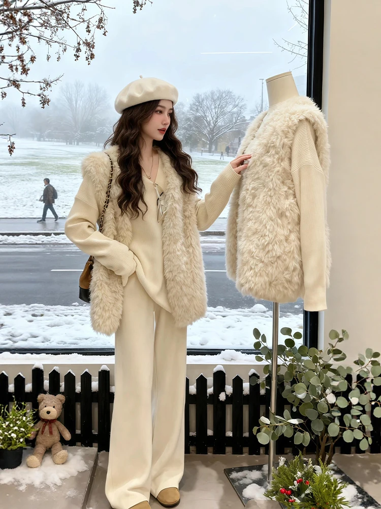 

Winter Fashion plus Size Knitted Top And Vest Set Casual Pants Three Piece Ensemble Warm Cozy Look V Neck High Waist Trousers