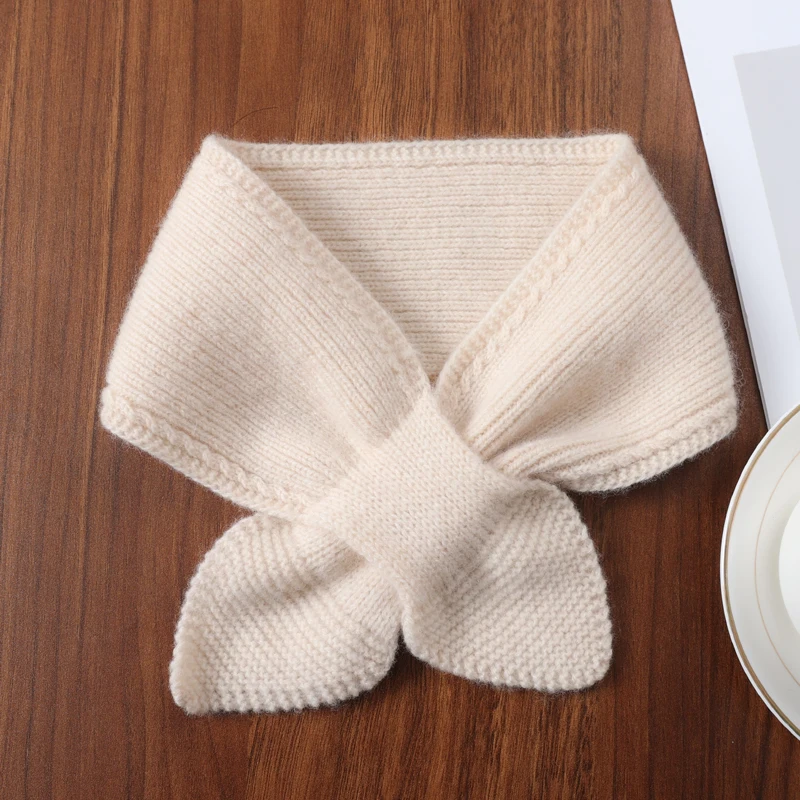 

100%Wool Bow Tie Neck Warmer For Women Winter Autumn Small Cross Ring Scarf Fashion Fake Collar Soft Solid Neck Warmer 14x70cm
